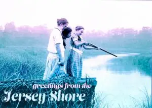 Greetings from the Jersey Shore postcard image with 1900s women firing a rifle into the water