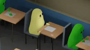 3D animated clip of a cute mascot character sitting in a classroom taking pills to focus